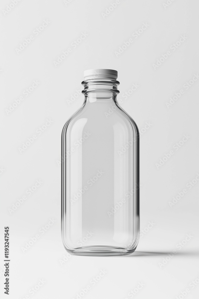 Small clear glass bottle with metal cap on white backdrop Small clear glass bottle with metal cap on white backdrop