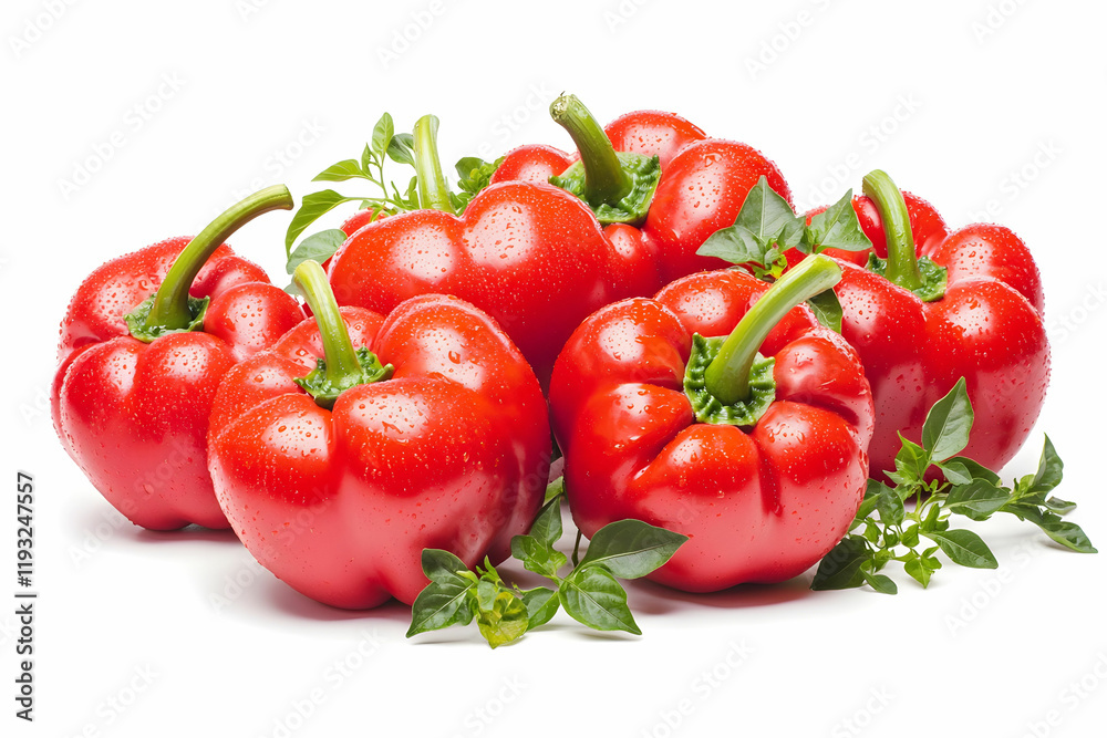 Fresh Red Peppers with Water Drops and Green Herbs on White Background Fresh Red Peppers with Water Drops and Green Herbs on White Background