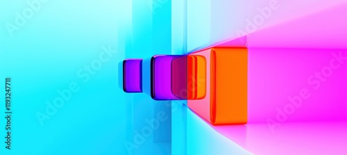 A futuristic abstract 3D composition featuring glossy geometric shapes in pastel blue, pink, and orange with soft reflections on a smooth surface. A modern and minimalistic digital artwork, perfect fo