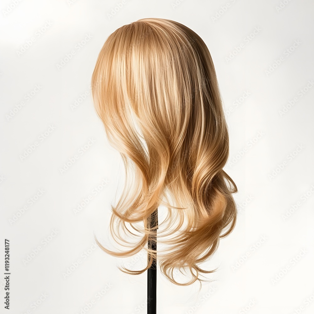 Naklejka premium Blonde Hair Wig on Stand Against White Background