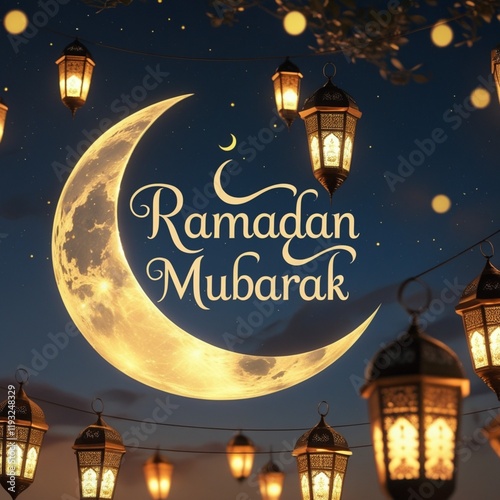 Ramadan wish card with a crescent moon and lanterns in the background 