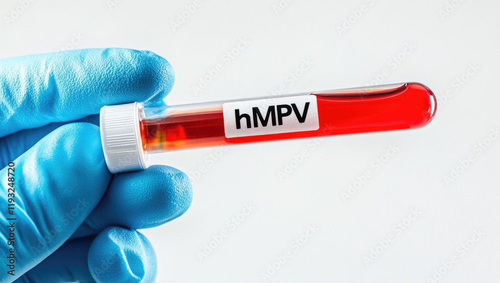 Obraz premium A hand in a blue glove holds a test tube labeled hMPV, containing blood. This is part of ongoing research on metapneumovirus in China during 2025