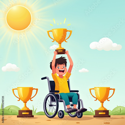 Vector illustration depicts a child in a wheelchair holding up a golden trophy cup, surrounded by additional trophies and a sunny sky with clouds.