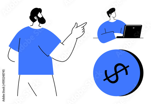 Individuals engaged in remote work represented by a person pointing and another using a laptop. Large dollar sign indicates financial considerations. Ideal for teamwork, productivity, training