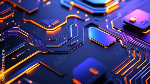 Futuristic neon circuitry design with glowing purple, blue, and yellow highlights on a textured black surface. Perfect for modern technology-inspired desktop wallpapers.