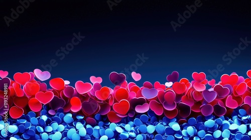 A vibrant arrangement of glowing red, pink, and blue hearts forms a shimmering gradient against a deep dark blue background. Perfect for Valentine's Day or romantic-themed designs. Copy Space.