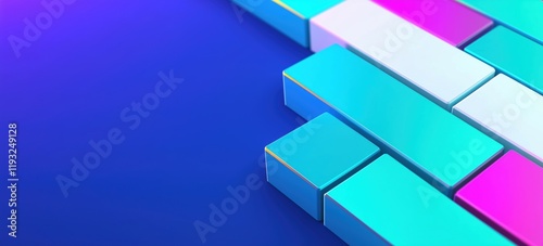 A modern abstract design featuring 3D geometric blocks in pastel blue, pink, and cyan hues arranged on a deep blue gradient background. Minimalist composition with ample copy space, ideal for a deskto