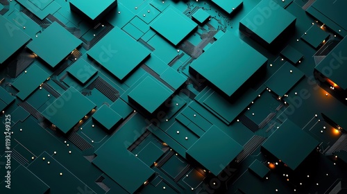 A futuristic matte green circuit board with raised geometric components and glowing accents, representing AI, computing, and digital technology.