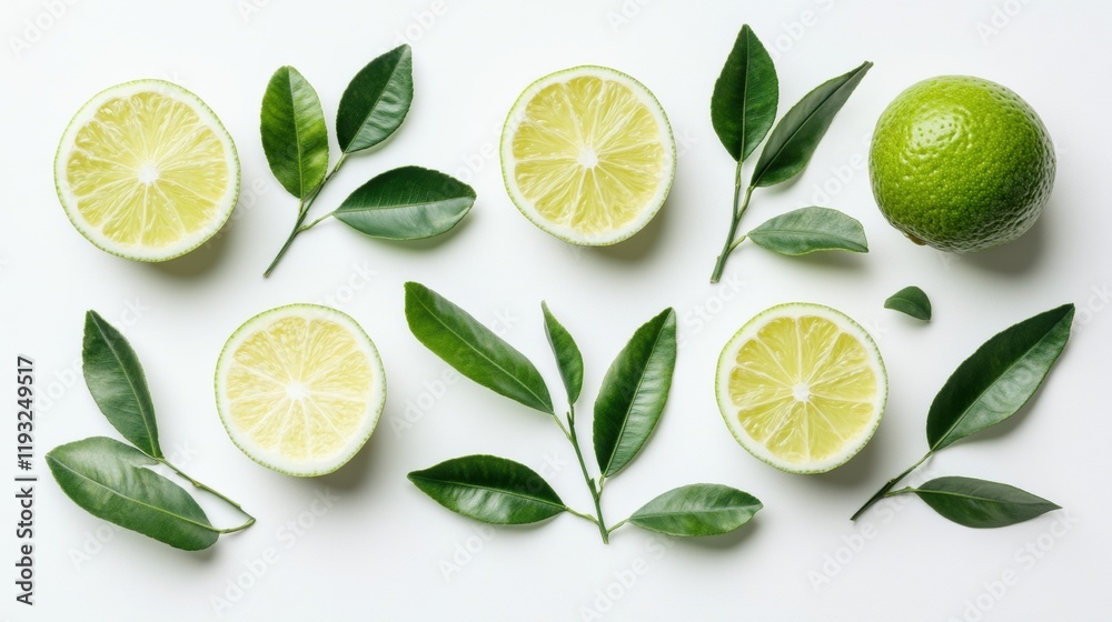 Fresh Lime Halves and Green Leaves Styled Over Light Background Fresh Lime Halves and Green Leaves Styled Over Light Background