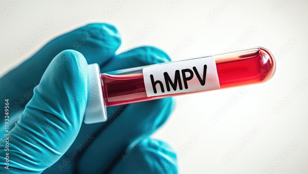 Obraz premium A hand in a blue glove holds a test tube labeled hMPV, containing blood. This is part of ongoing research on metapneumovirus in China during 2025