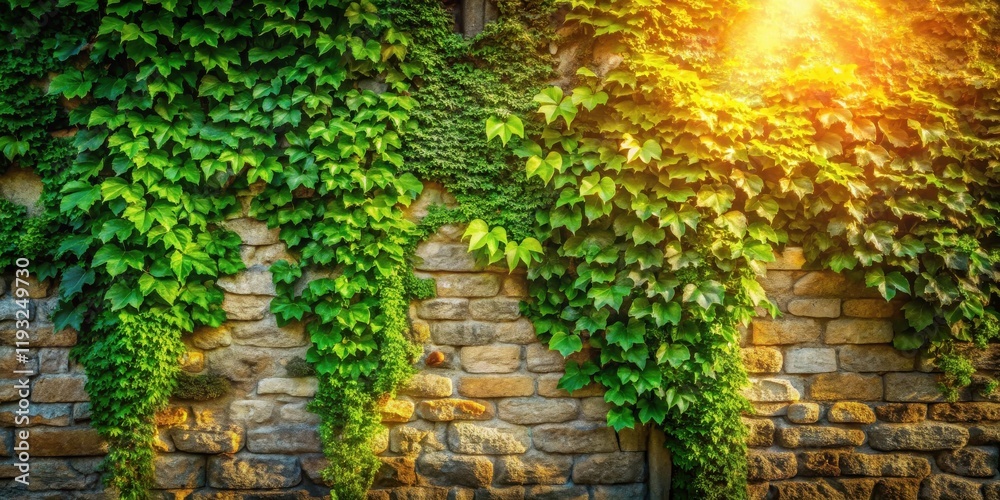 Lush Green Ivy Cascading Down a Rustic Stone Wall in Golden Sunlight Lush Green Ivy Cascading Down a Rustic Stone Wall in Golden Sunlight