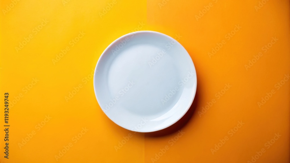 A clean white plate rests on a vibrant two-toned orange background, ready for a delicious meal. A clean white plate rests on a vibrant two-toned orange background, ready for a delicious meal.