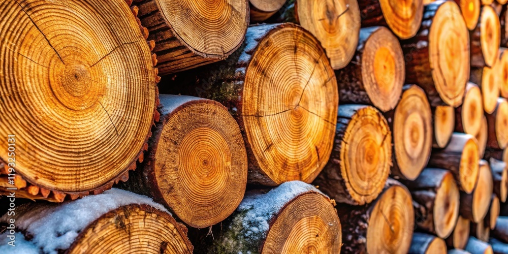 A stack of neatly arranged timber logs shows concentric rings, dusted with a light layer of snow. A stack of neatly arranged timber logs shows concentric rings, dusted with a light layer of snow.