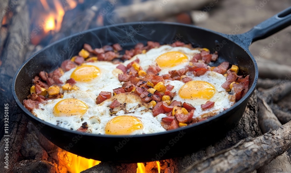 Sizzling Breakfast Delight: A Pan Full of Fried Eggs and Crispy Bacon Over a Campfire Sizzling Breakfast Delight: A Pan Full of Fried Eggs and Crispy Bacon Over a Campfire