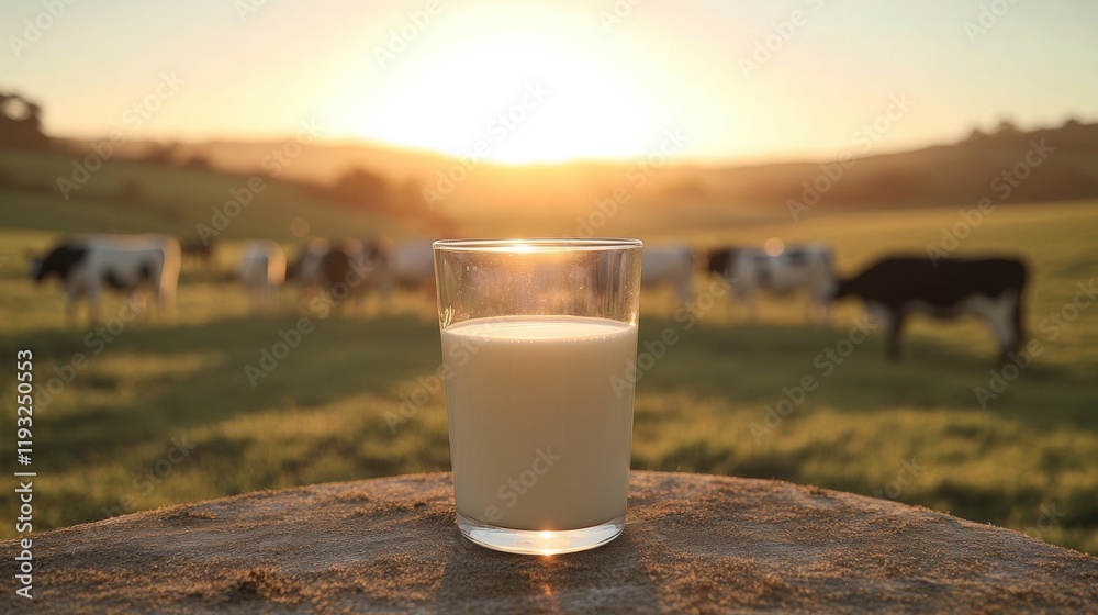 Fresh Milk in Glass on Rustic Table with Cows and Sunlight Background