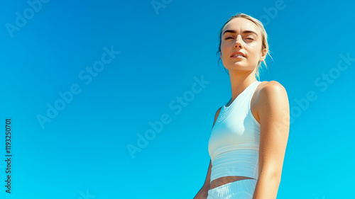 Athletic woman in white sportswear under a clear blue sky