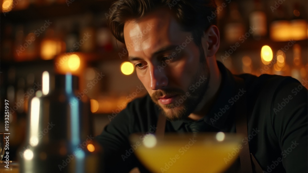 Portrait of a bartender mixing a margarita in a dimly lit bar. The focus on their expression and warm tones captures the craft and artistry of mixology in a refined setting. Portrait of a bartender mixing a margarita in a dimly lit bar. The focus on their expression and warm tones captures the craft and artistry of mixology in a refined setting.
