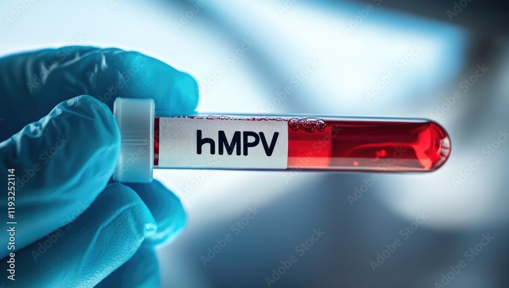 Obraz premium A hand in a blue glove holds a test tube labeled hMPV, containing blood. This is part of ongoing research on metapneumovirus in China during 2025