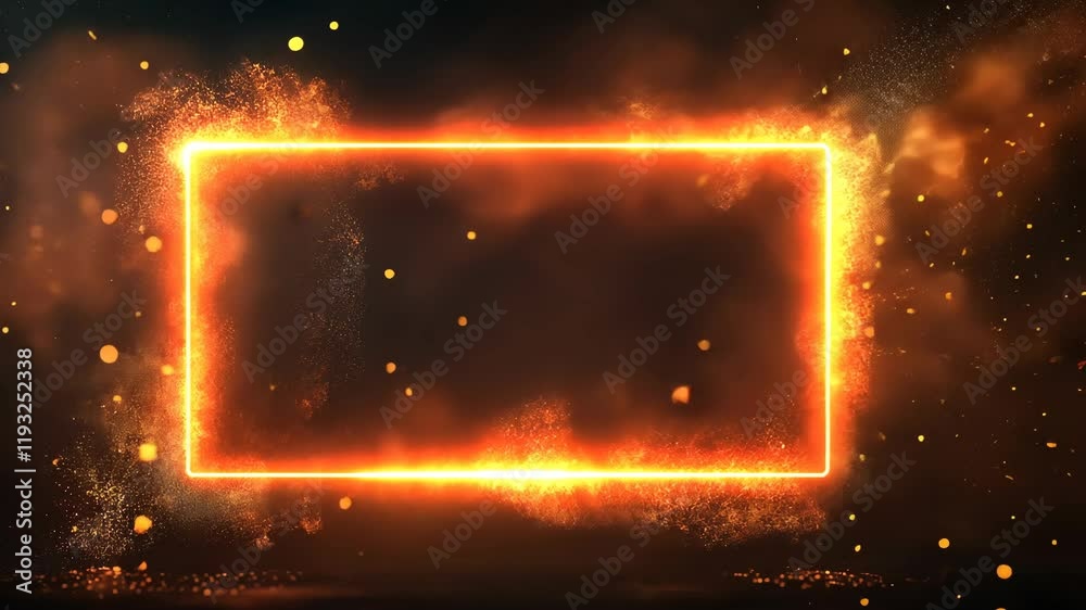 Orange rectangular frame decorated with shining golden lights isolated dark background. Copy and paste area. 4k edition
