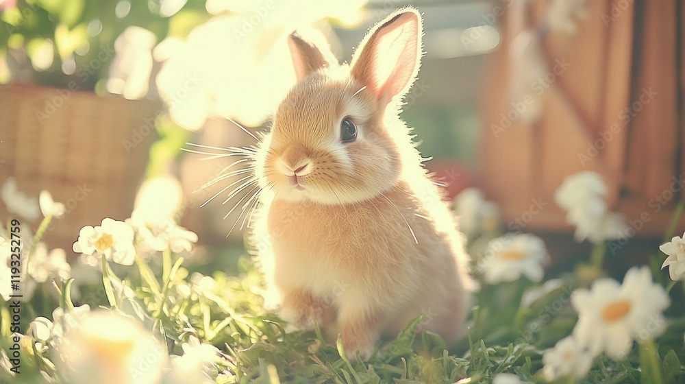 Fototapeta premium Adorable Bunny Sitting in a Field of Flowers with Soft Light