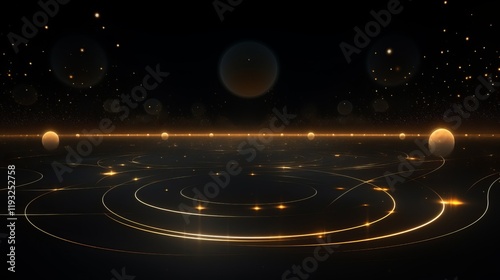 Abstract cosmic artwork of glowing planetary orbits and floating spheres, set on a dark background, evoking space and celestial motion photo