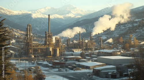 Industrial Complex Surrounded by Mountains and Exploding Smokestacks