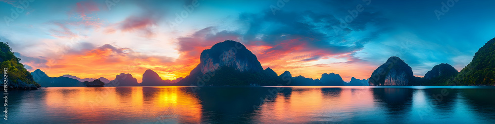 Fototapeta premium A panoramic view of the sunset over the sea, with mountains in the background and reflections on the calm waters