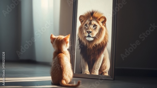 Small orange kitten sits back to camera, in front of mirror, in reflection mighty lion. Little redhead cat sees himself as big lion. High self-esteem, expectations concept. photo