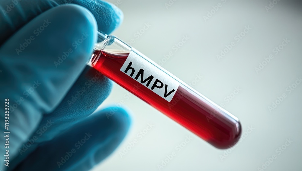 Obraz premium A hand in a blue glove holds a test tube labeled hMPV, containing blood. This is part of ongoing research on metapneumovirus in China during 2025