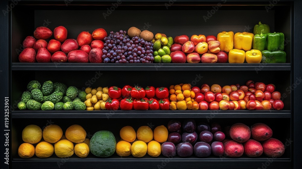 Vibrant Display of Fresh Fruits and Vegetables on Shelves Vibrant Display of Fresh Fruits and Vegetables on Shelves