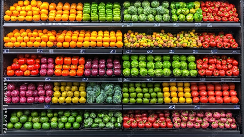 Colorful Display of Fresh Fruits and Vegetables in Grocery Store Colorful Display of Fresh Fruits and Vegetables in Grocery Store