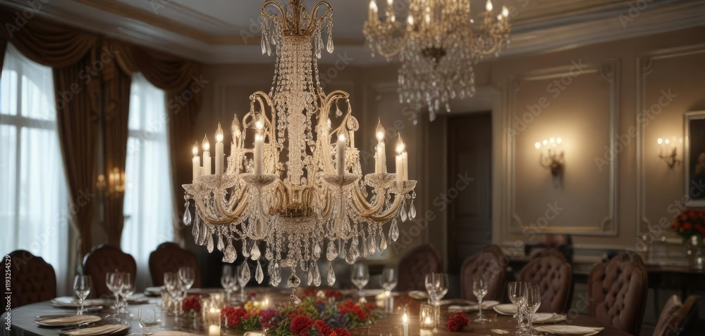 Obraz premium A stunning crystal chandelier hangs above a formal dinner table, upscale, chandelier, refined