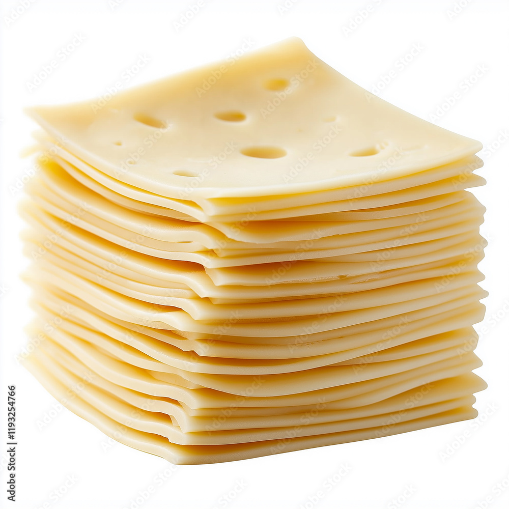 Stack of sliced cheese showing holes and texture on white background Stack of sliced cheese showing holes and texture on white background