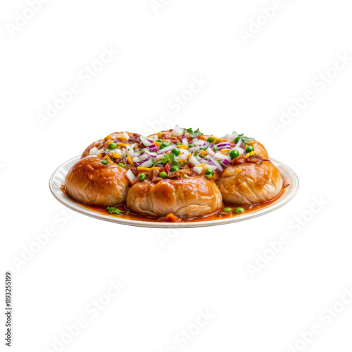 Spicy Indian Street Food: A delectable platter of  stuffed, deep-fried bread rolls slathered in a flavorful savory gravy, topped with onions, green chilies, and peas. photo