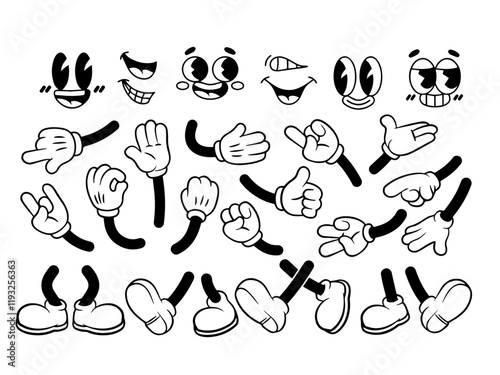 Vintage hand, foot and face. Vector set Comic groovy hands in gloves, vintage legs and foot in shoes and funny emotion black and white. Different poses arm and feet. Body parts mascot. 
