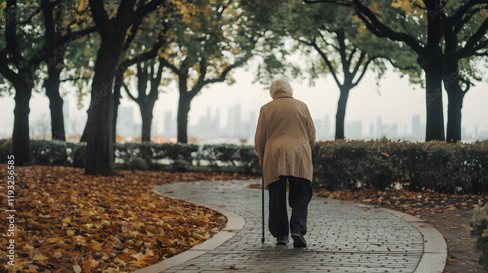 Fototapeta premium Elderly person walking with cane, symbolizing resilience and determination in the face of aging. Embracing life's journey with grace and perseverance.