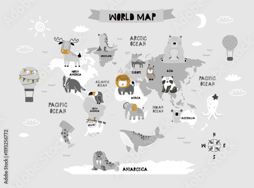 Vector world map for kids with cute animals. Children's map design for wallpaper, kid's room, wall art. America, Europa, Asia, Africa, Australia, Arctica. illustration. Animal world. Continents.