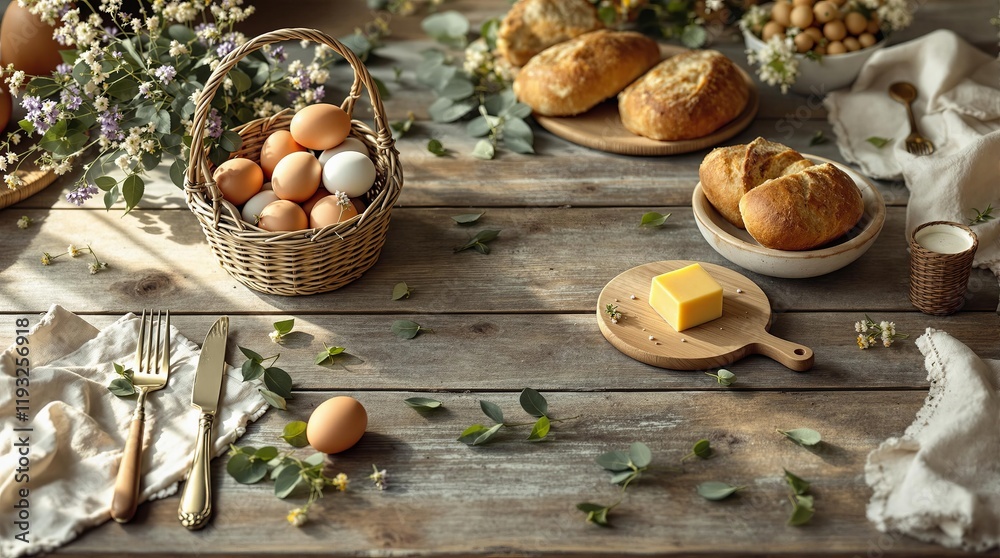 Eco-Easter table set with local organic products, decorated with flowers and leaves, rustic style, warm lighting Eco-Easter table set with local organic products, decorated with flowers and leaves, rustic style, warm lighting
