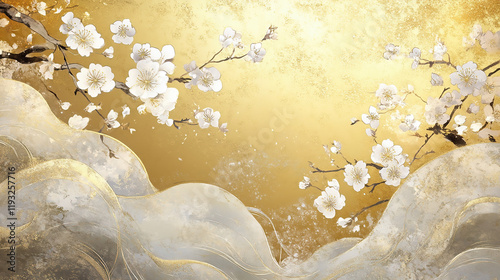 金箔背景に桜の花が舞う和風デザイン