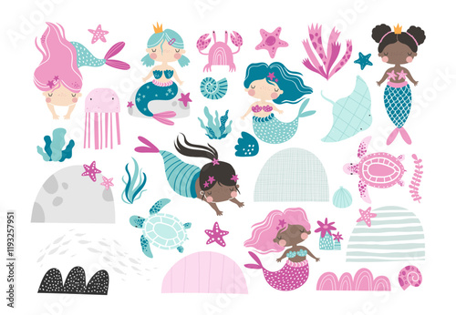 Vector set with cute mermaids. Children's illustration of girls princess mermaids. Sea. Ocean. Turtle, stingray, jellyfish, crab, shells, seaweed, coral. Underwater landscape, the bottom of the sea.