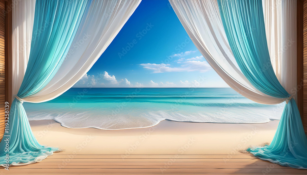A digital painting depicting a serene seascape viewed through a partially opened, flowing blue curtain.