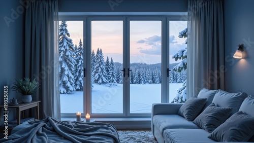 Cozy blue couch adorned with gray pillows, flanked by a plush white rug and a sleek wooden table—inviting indoor comfort photo