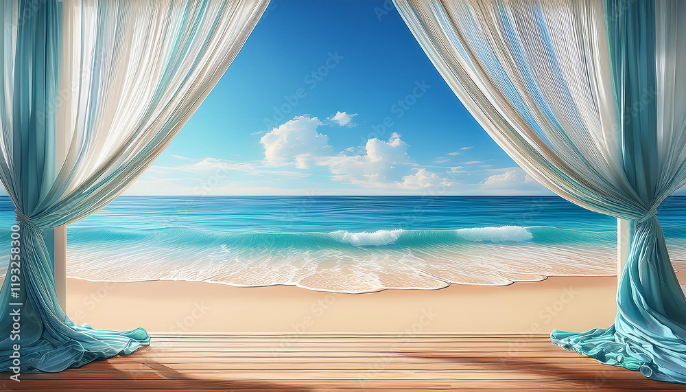 A digital painting depicting a serene seascape viewed through a partially opened, flowing blue curtain.