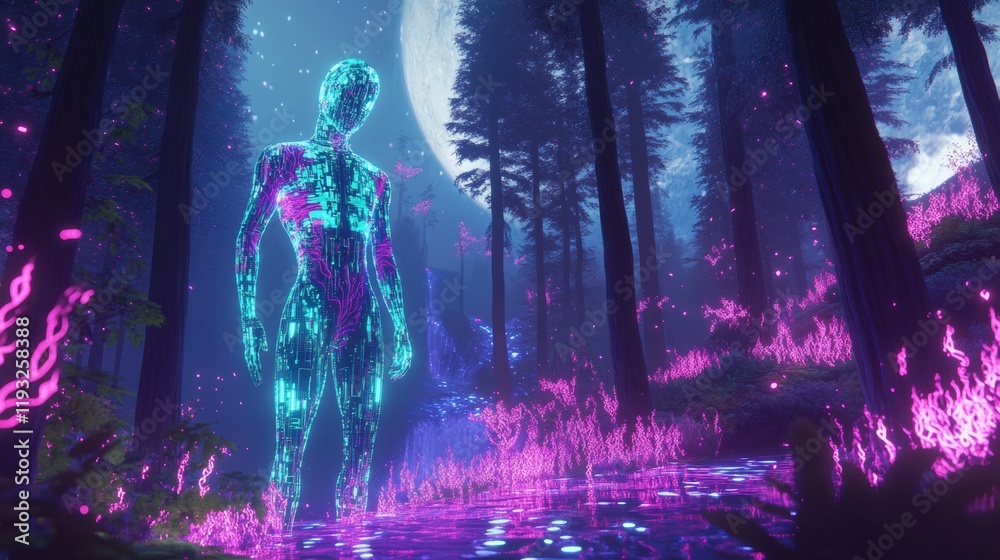 A futuristic humanoid forest spirit with glowing, bioluminescent veins running through its translucent skin, standing amidst a mystical cyberpunk forest. The forest is alive 