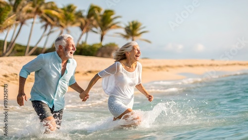 Happy Mature Couple Walking at the Beach on a Sunny Day