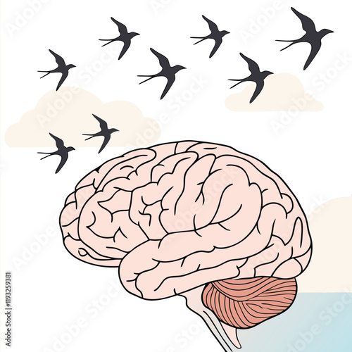 Mind and Freedom Illustration with Birds in Flight