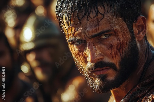 biblical scene portrays pontius pilate under pressure from the crowd, reflecting the historical gravitas and moral dilemma in a dramatic and emotional context photo