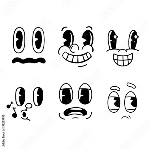 Cartoon Set Retro Face Expressions, Vintage Comic Smile for logo Set, Eyes Face Cartoon Set Graphic