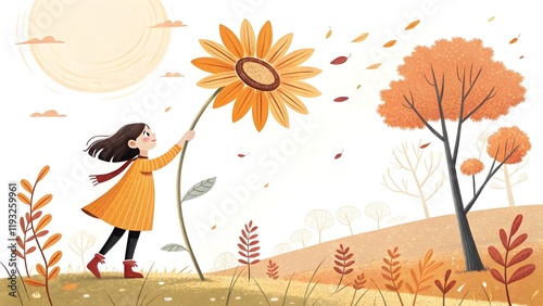 Whimsical Illustration of Child with Giant Sunflower in Autumn Scene. Child background
