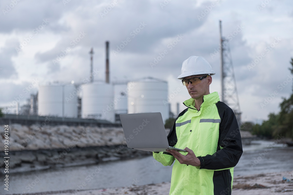 Engineers wear uniform standing near the open trunk of a vehicle hand holding computer laptop, survey inspection work plant site use tablet see detail of work with oil refinery background. Engineers wear uniform standing near the open trunk of a vehicle hand holding computer laptop, survey inspection work plant site use tablet see detail of work with oil refinery background.